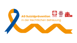 Beitragsbild Grafik Schleife mit Schriftzug AG Suizidprävention in der Rechtlichen Betreuung und Logos der verbandlichen Caritas